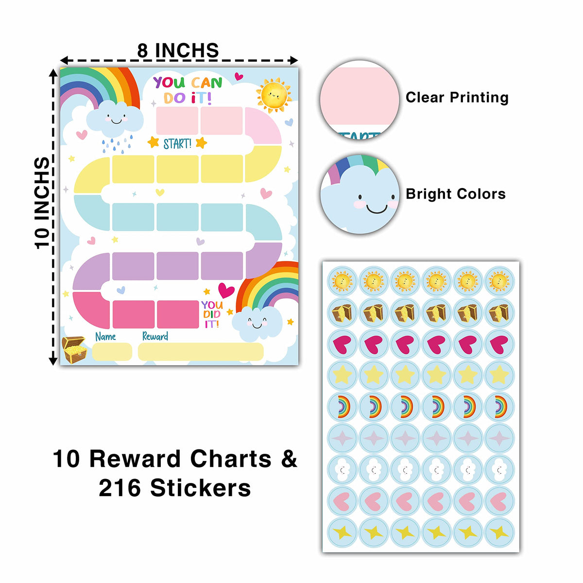 10 Rainbow Reward Chart with 216 Round Stickers, Incentive Behavior Chart for Kids at Home Classroom, Kids Routine Daily Chore Sticker Chart-A10