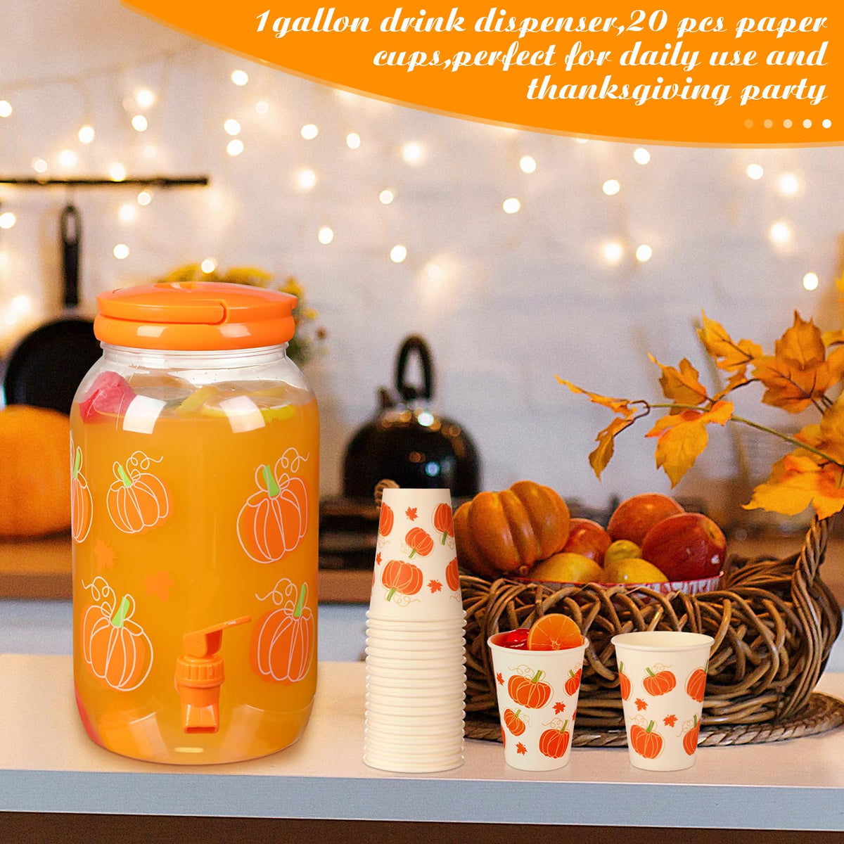 Umigy 1 Gallon Fall Pumpkin Plastic Drink Dispenser with 20 Pcs 12 oz Paper Cups Thanksgiving Harvest Kitchen Decoration Beverage Water Dispenser with Spigot for Juice Beer Autumn Party Supplies