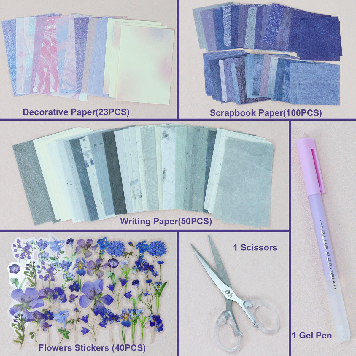 Koqye 215PCS Aesthetic Scrapbook Paper Pack, Junk Journal Supplies Starter Kit with Floral Stickers, Scissor, Quick Dry Glue Pen, Scrapbook Kit for Planner DIY Arts Craft Collage(Mystic Amethyst)