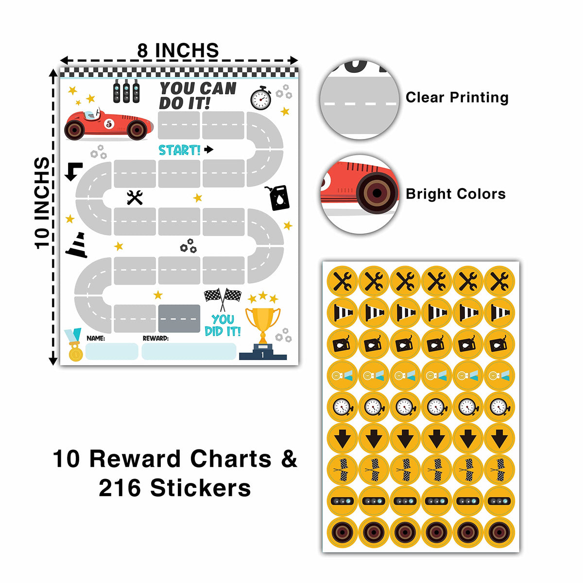 10 Racing Car Reward Chart with 216 Round Stickers, Incentive Behavior Chart for Kids at Home Classroom, Kids Routine Daily Chore Sticker Chart-A08