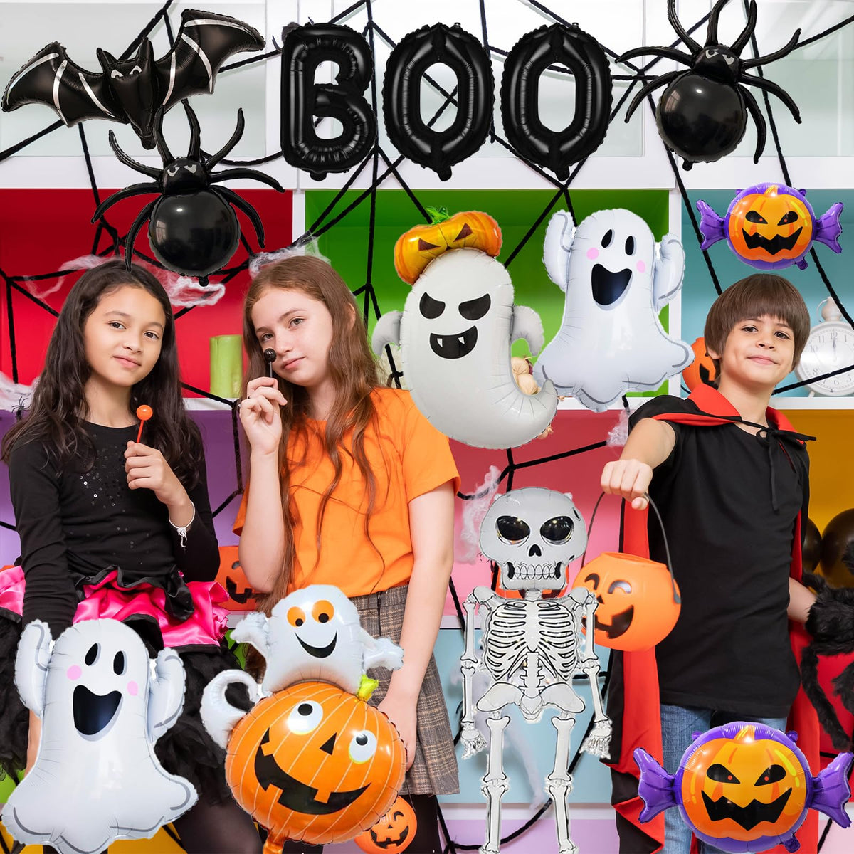 Wecepar Halloween Party Decorations – 12Pcs Ghost Skeleton Pumpkin Bat Spider BOO Foil Balloons Set for Halloween Birthday Party Supplies