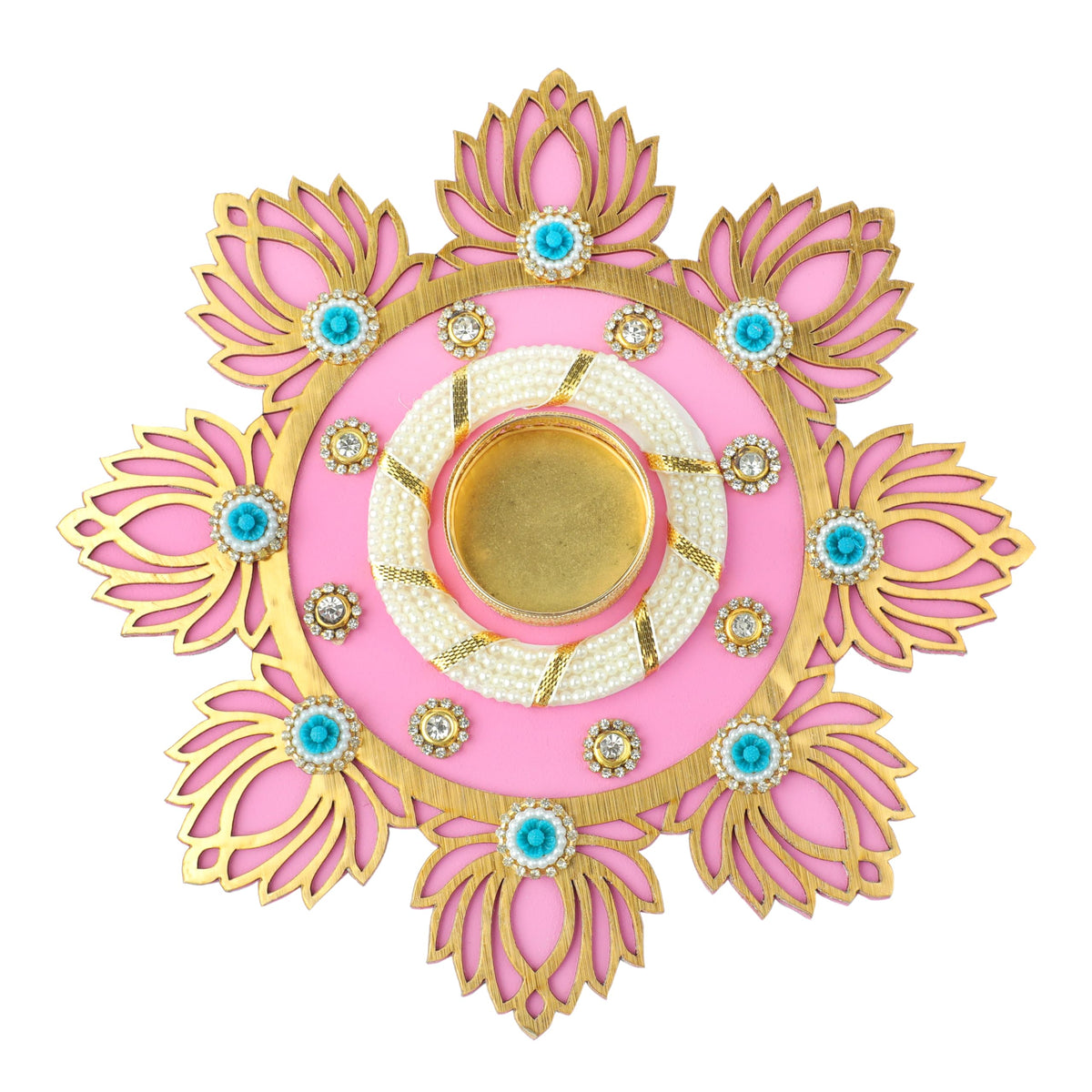 Aditri Creation Decorative MDF Lotus Rangoli with T-Light Candle Holder Stand for Indian Cultural Festival Gifts Made up of Golden Embroideries New Year Gifting Idea Home Decor(Size:-8")(Light Pink)