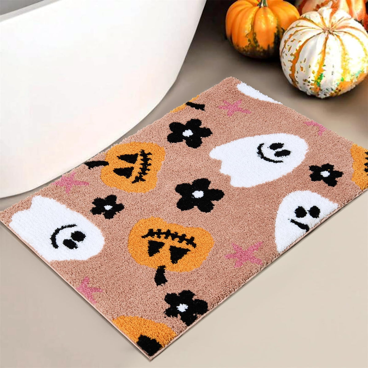 Aldopein Cute Halloween Indoor Bath Mat Non Slip 2x3 Entryway Rugs Washable, Boho Floral Pumpkins Ghost Fall Halloween Throw Area Rugs for Girls Bathroom Kitchen Bedroom Spooky Aesthetic Decor