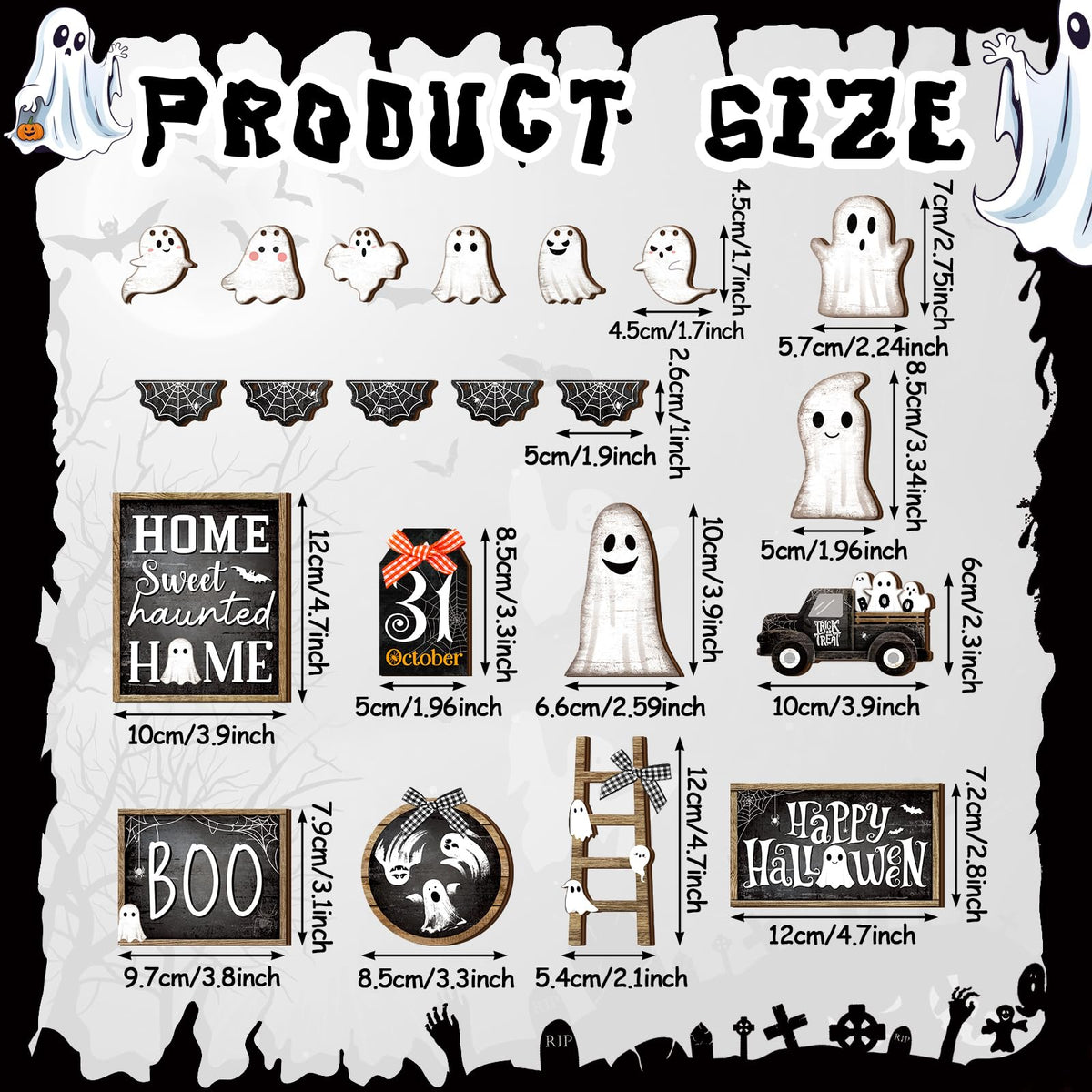 MiniInflat 1 Sets Halloween Tiered Tray Decor Set Happy Halloween Wooden Signs Rustic Table Centerpieces Farmhouse Decor for Home Table, Tray Not Included(Ghost,Black White)