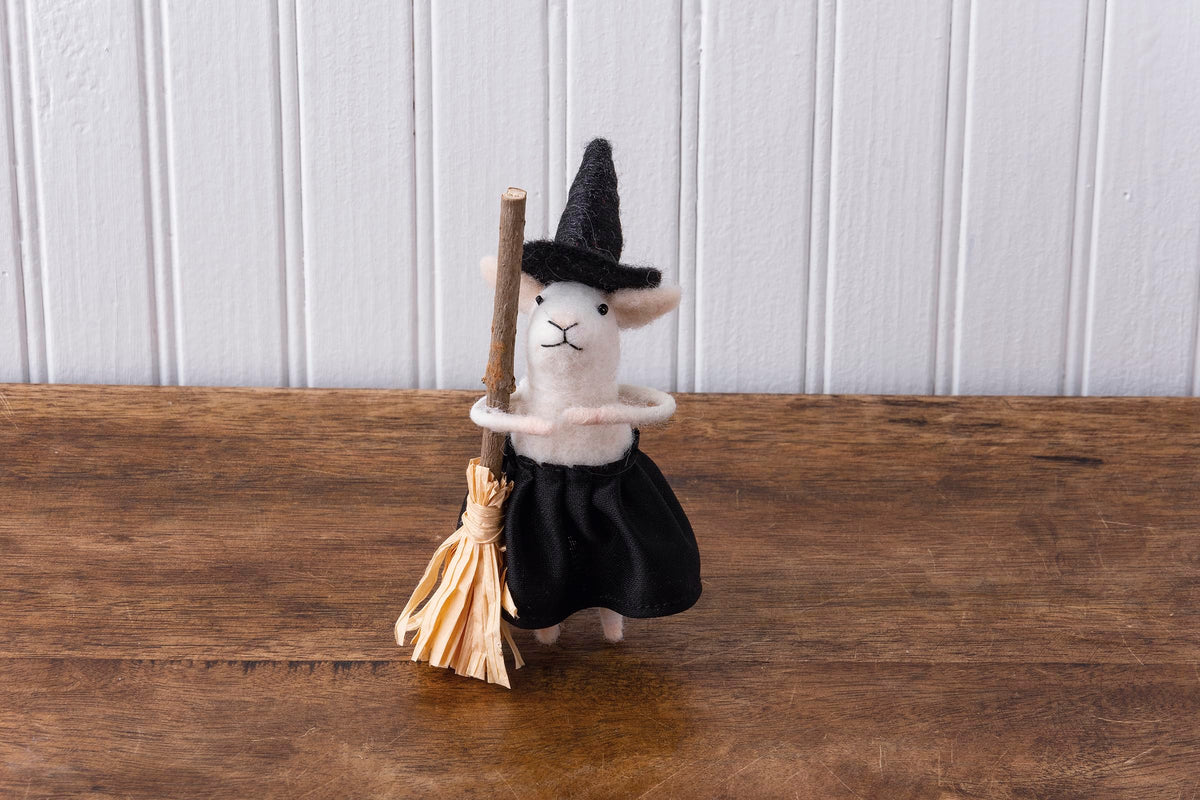 Primitives by Kathy Halloween Collectible Felt Critter, 5.5-inch Witch Mouse with Broomstick in a Witchy hat, Spooky Tiered Tray & Shelf Sitter Decor, Mix & Match with Our Other Collectible Figurines