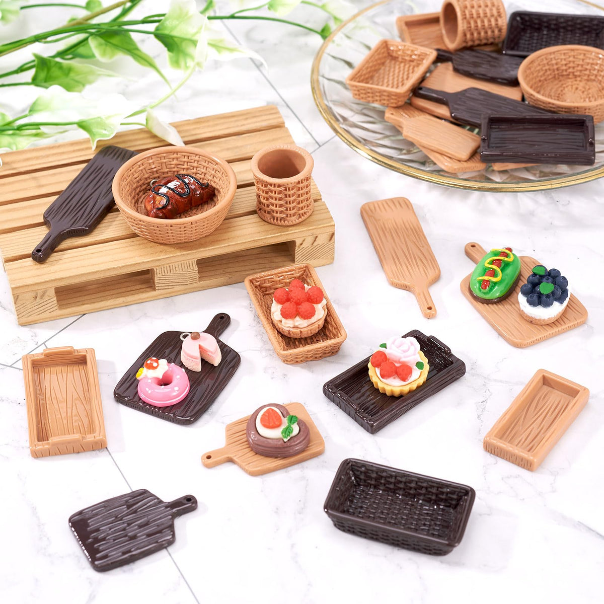 Magibeads 26Pcs Miniature Dollhouse Basket Food Bread Cutting Board Rattan Basket Food Tray Charcuterie Boards Tiny Things Stuff Accessories for Micro Garden Landscape Decoration