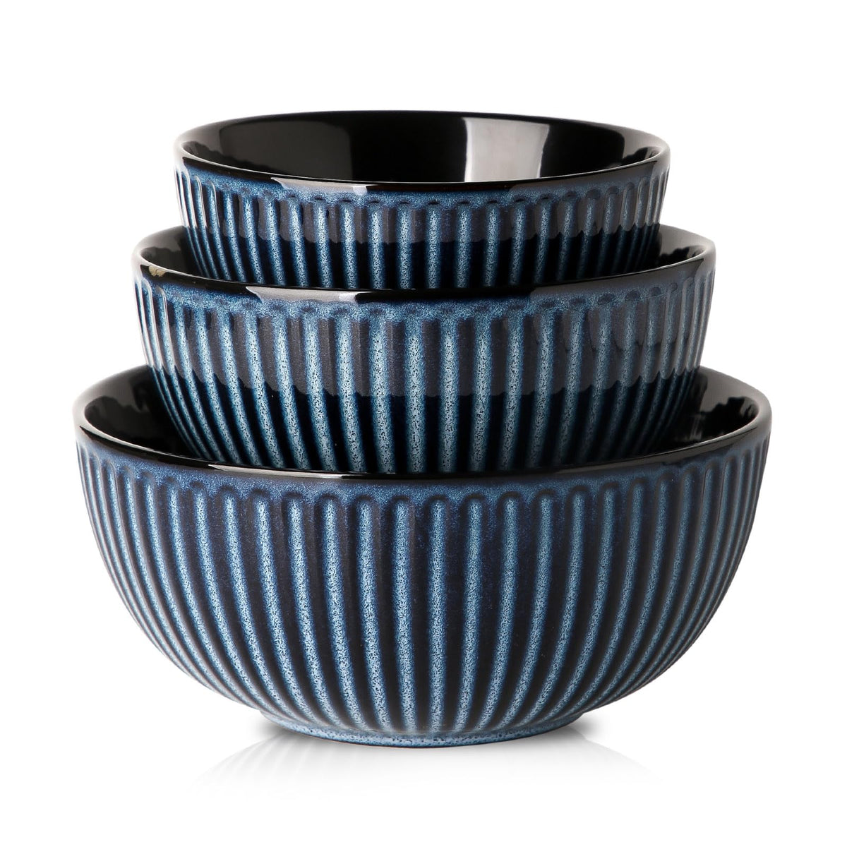 HASENSE Mixing Bowls of 3, Porcelain Ribbed Bowls 1.5/1/0.5 Qt For Kitchen, Cooking, Baking and Serving Prep Bowls for Salad, Pasta, Modern Kitchen Dish Dishwasher & Microwave Safe, Blue