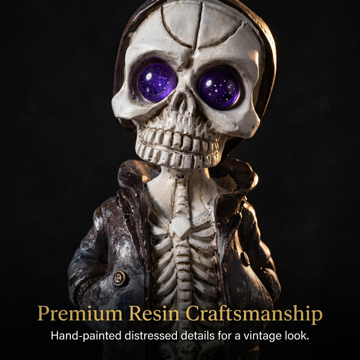 Brizoria Skeleton Decorations Skull Figurine in Hoodie with Purple Eyes Resin Gothic Tabletop Decor Small Skeleton Figure for Halloween Shelf Desk Skull Home Decor Display