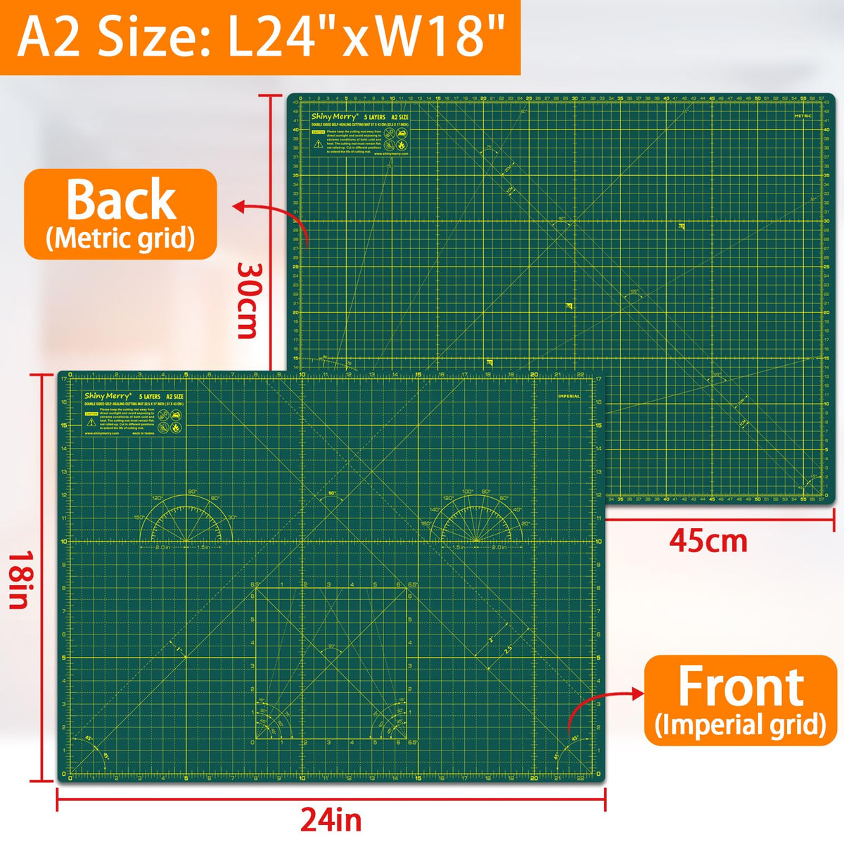 Shiny Merry Self Healing Cutting Mat A2 18"x24" – Double Sided 5-Ply Craft Mat for Sewing, Quilting, Fabric, Scrapbooking – Green/Green