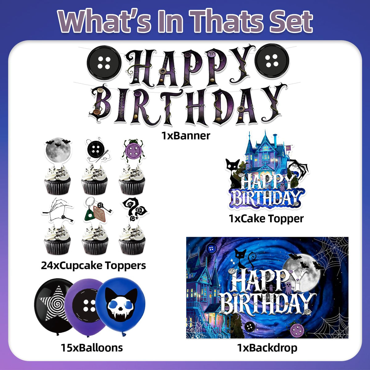 42Pcs Horror Movie Button Eyes Birthday Party Decorations Include Cake Topper Cupcake Toppers Horror Movie Happy Birthday Party Flag Banner and Balloons Backdrog