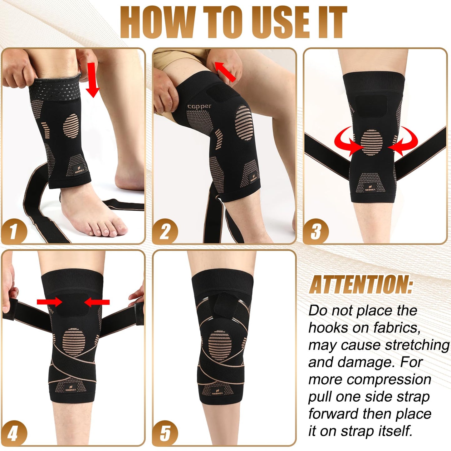 NEENCA Copper Knee Brace with Straps for Women/Men, Knee Compression Sleeve for Knee Pain, Arthritis, ACL, Meniscus Tear, Joint Pain Relief. Knee Support for Running, Workout, Weightlifting - Single