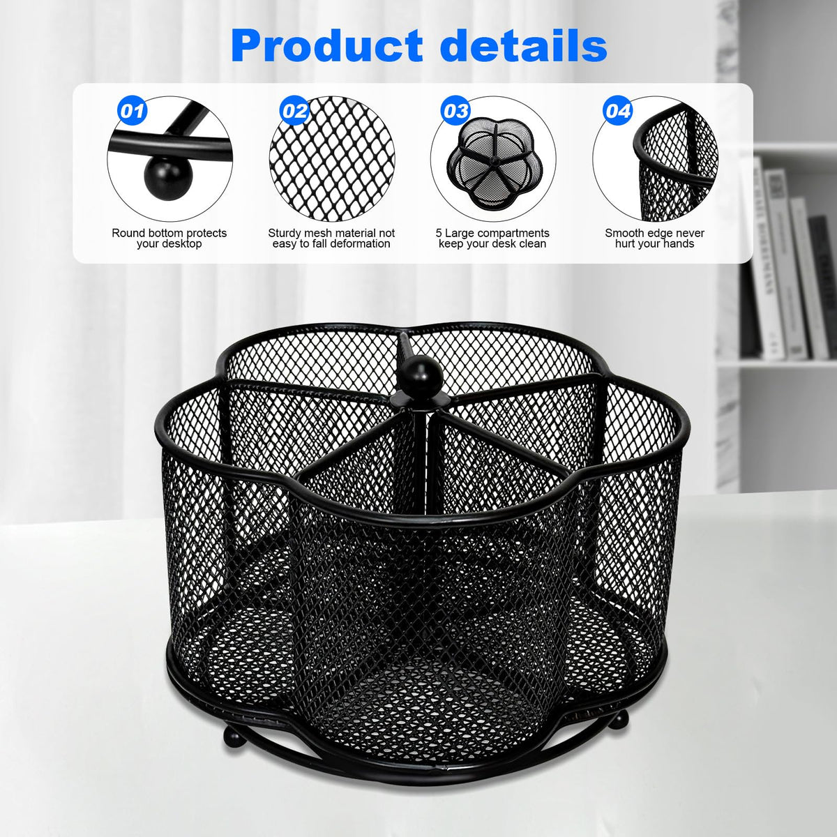 PNEUICALLY 360 Degree Rotate Pen Holder for Desk Mesh Desk Pen Organizer Pencil Holder Large Capacity Accessories & Workspace Organizers for School,Home (Black, No hook)