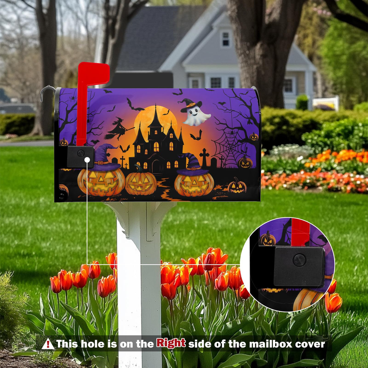 Halloween Night Ghost Mailbox Covers Bat Castle Spooky Pumpkin Lanterns Mailbox Post Cover Letter Box for Garden Standard Size 21x18 in for Yard Home Decor