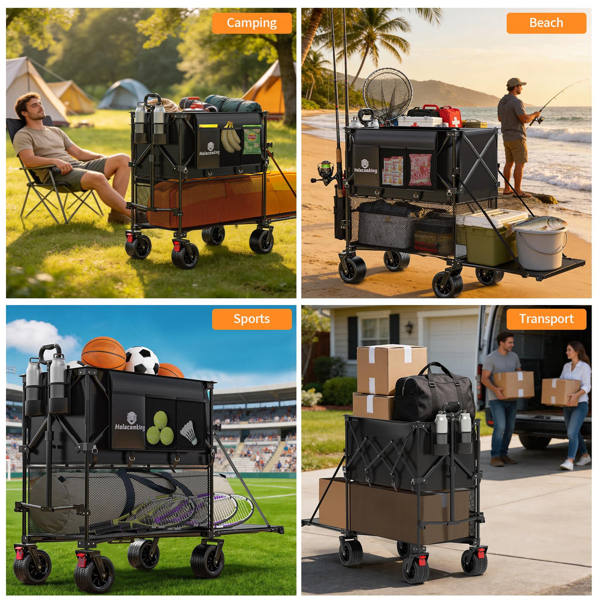 Holacamking 480L Double Decker Wagon, 58" L Extended Foldable Utility Cart with Tailgate, Big All-Terrain Wheels with Brakes, 520lbs Heavy Duty Collapsible Wagon for Camping Beach Sports Grocery Pets