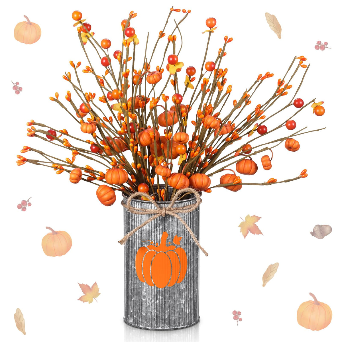 SiliFine Fall Thanksgiving Table Centerpiece Decoration Fall Artificial Flower Stems Pumpkin Shaped Berry Picks with Metal Vase Pot for Autumn Farmhouse Office Home Dining Table Decor