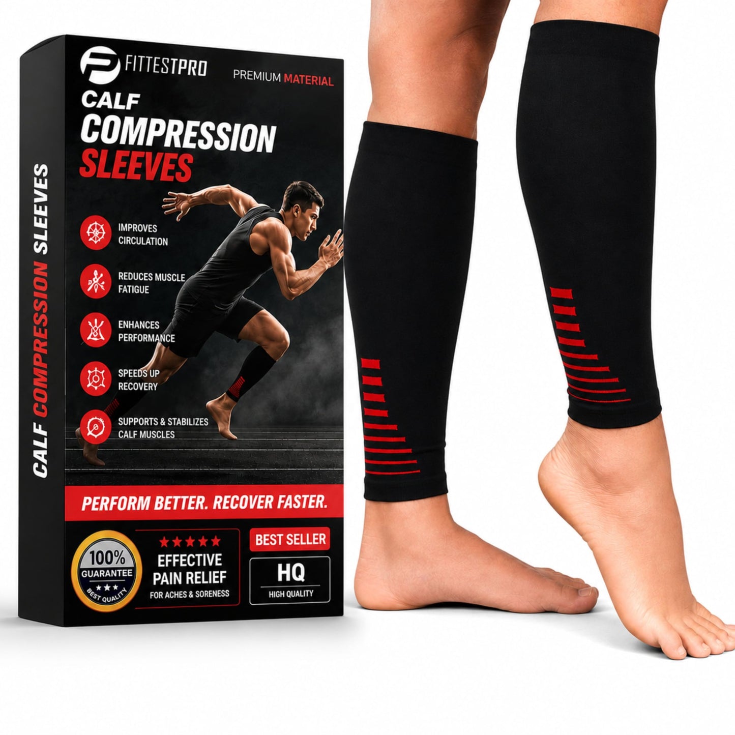 Fittest Pro Leg Compression Sleeve, Calf Support Sleeves Legs Pain Relief for Men and Women, Comfortable and Secure Footless Socks for Fitness, Running, and Shin Splints – Black, Large (One Pair)