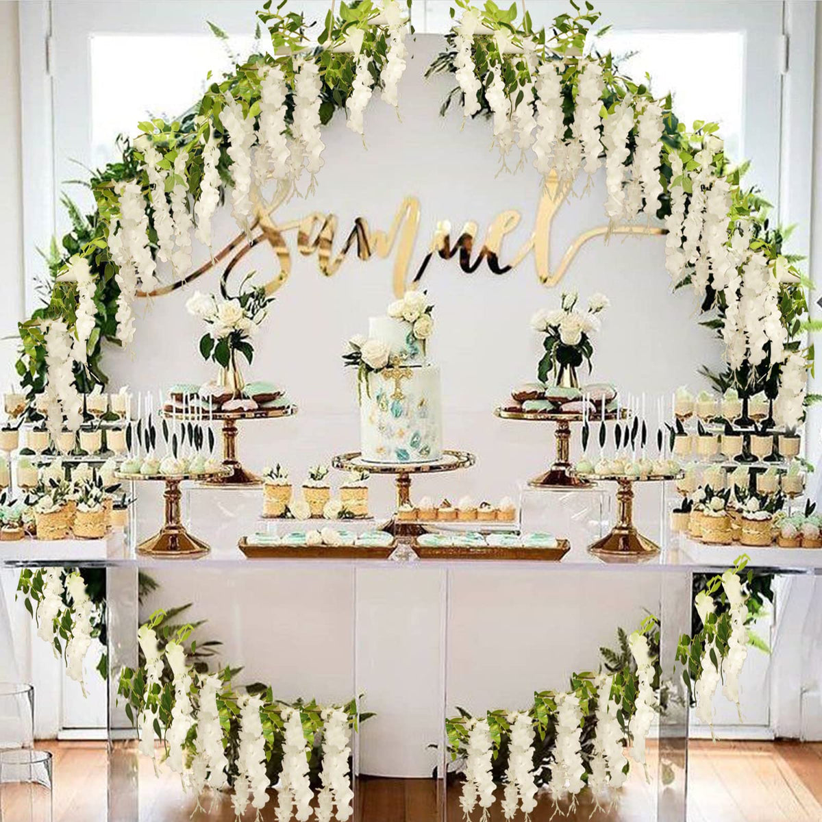 Apeair Wisteria Artificial Flowers Garland, 2Pcs Total 14.4ft Silk Faux Wisteria Vine Kit, Hanging Flower Plant for House Outdoor Garden Ceremony Outside Wedding Arch Floral Decor (2, White)