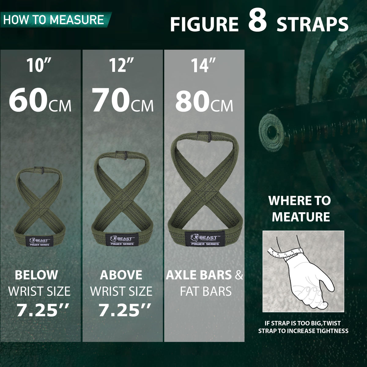Beastpowergear Figure 8 Strap | Heavy Duty Deadlift Straps Weight Lifting Power Wrist Strap | Weightlifting Powerlifting Shrugs Workout Men Women (Green/Black, Medium 12” (Up to 8.5 Wrist Circumference))
