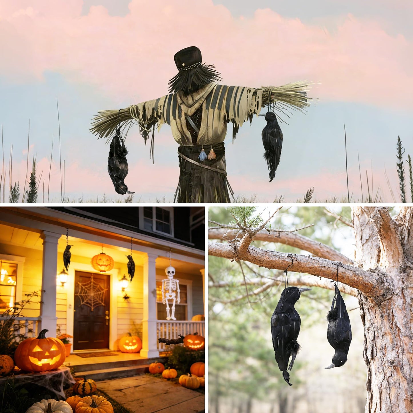CYTGOUPER Realistic Hanging Dead Crow Decoys,12 Inch Large Lifesize Fake Crow Hunting Bait,Black Feathered Crows Decoy Figuring for Garden Halloween Decor Birds Party Props