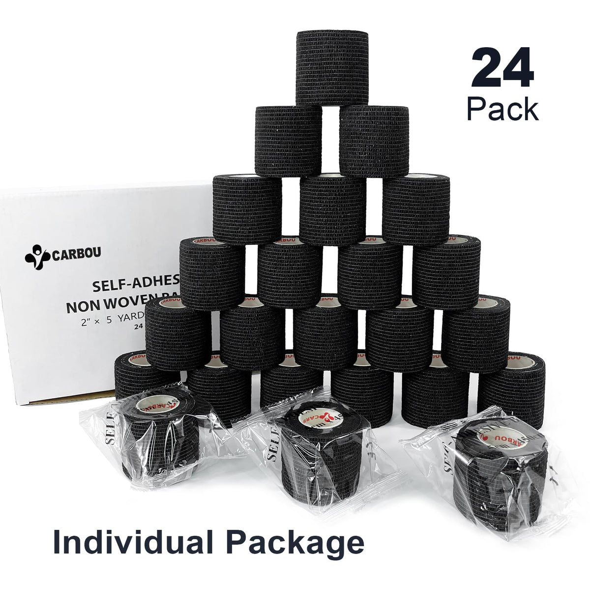 [24Pack 2" x5 Yards] Carbou-Self Adhesive Bandages Sports Wrap, Athletic Elastic Cohesive Bandage for Sports, Injuries, Treatments, and Recovery, First Aid Tape Vet Wrap for Cat, Dog Black