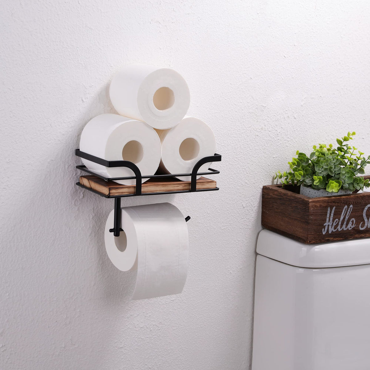 AIDILI Rustic Farmhouse Toilet Paper Holder with Shelf - Farmhouse Bathroom Rustic Country Decor - Rustic Bathroom Accessories with Warm Brown Wood Shelf for Wipes&Cell Phone&Reading, Black Metal