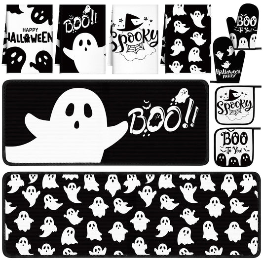 Fanfanwin 10 Pcs Halloween Ghost Kitchen Decor Set Ghost Kitchen Rugs Towels Pot Holders Oven Mitts Set for Baking Cooking BBQ Halloween Decorations
