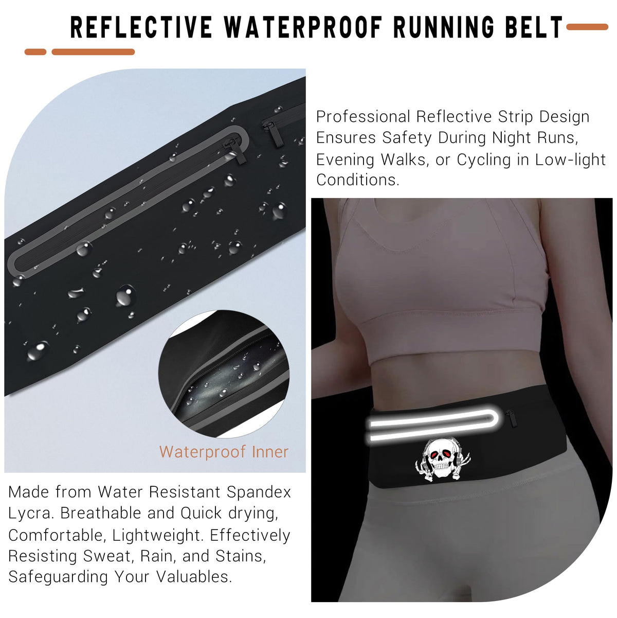 Music Skull Running Belts for Women and Men,Runner Waist fanny pack Wallet Holder,Waterproof Reflective phone holder,Cool Rock Skeleton Fitness Belt with 3 Zipper Pockets,Marathon Cycling Gear Gift