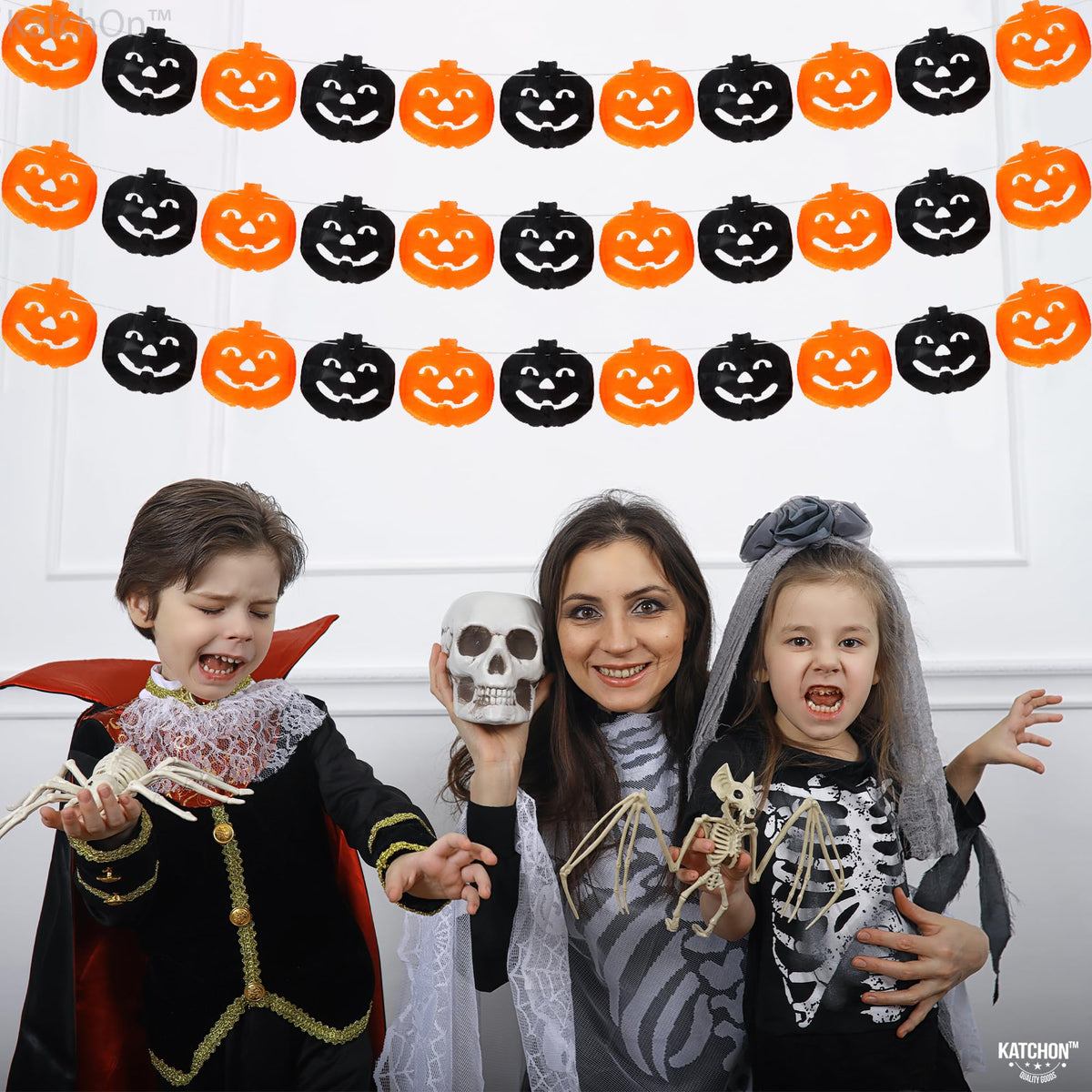 KatchOn, Long Pumpkin Halloween Garland - 10 Feet, 3 Strings, No DIY | Black and Orange Pumpkin Garland for Halloween Party Decorations