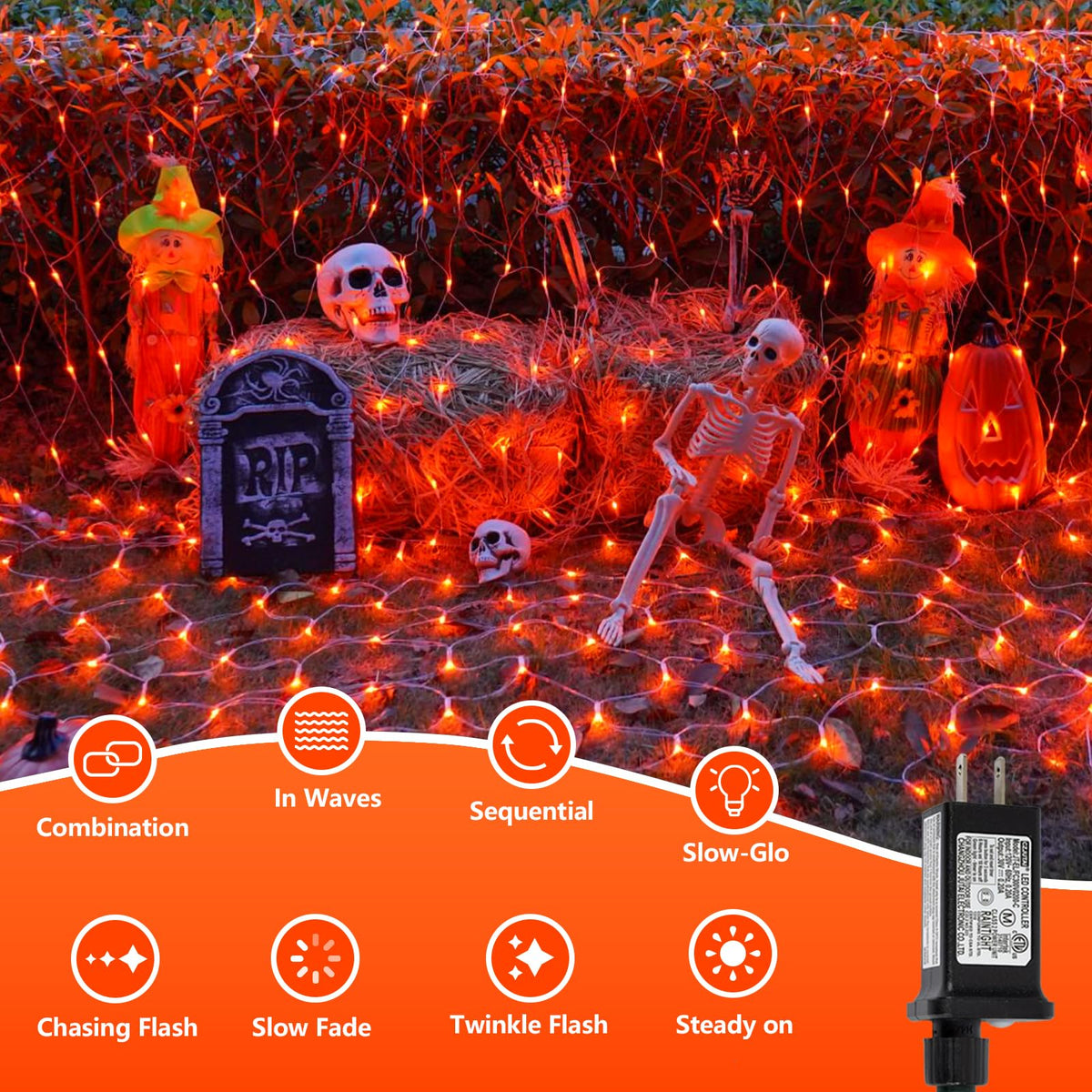 YEGUO Orange Halloween Lights, 12ft x 5ft 360 LED Net Lights Outdoor Mesh Lights, 8 Modes Clear Wire Christmas Bush Light Plug in