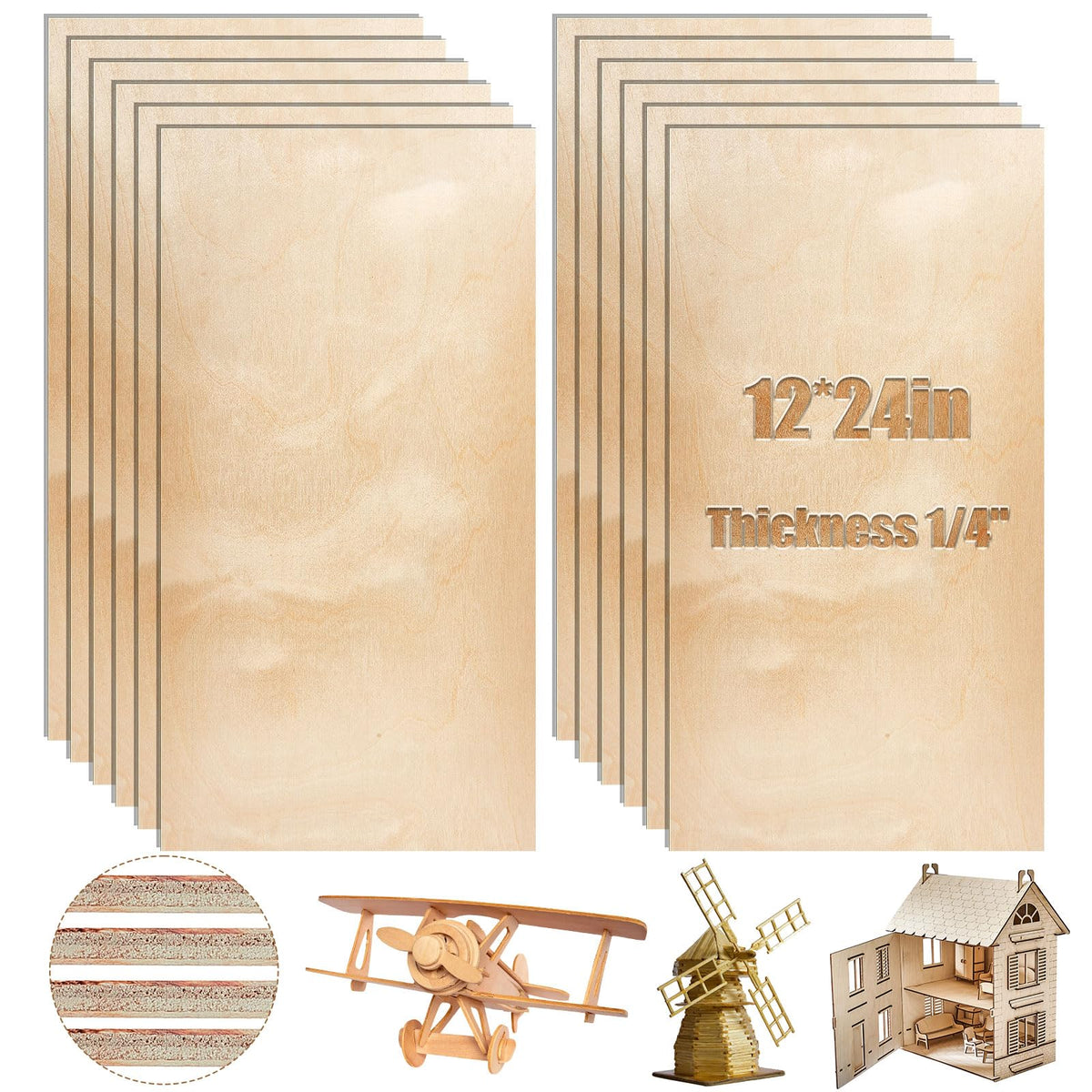 Juexica 12 Pcs 6 mm Baltic Birch Plywood 12 x 24 Inch Craft Wood Unfinished Plywood Sheets for Laser Cutting Engraving Burning DIY Crafts Drawing Painting Projects