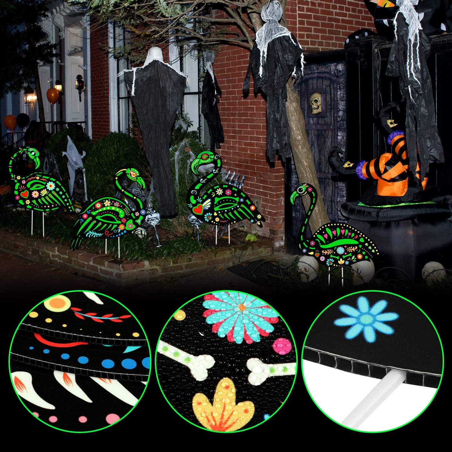 Amyhill 4 Pcs Halloween Glow in The Dark Skeleton Flamingo Yard Ornament with Stake Flamingo Outdoor Lawn Decor Scary Plastic Skeleton Yard Sign for Party
