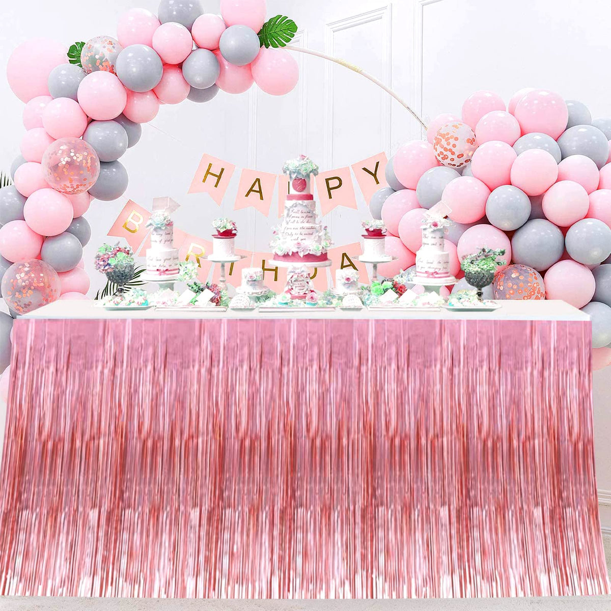 4 Pack 29x108 Inch Metallic Foil Fringe Tinsel Table Skirts for Rectangle Tables Streamer Backdrop for Wedding, Birthday, Parade Floats, Christmas, Halloween Party Decoration(New Rose Gold)