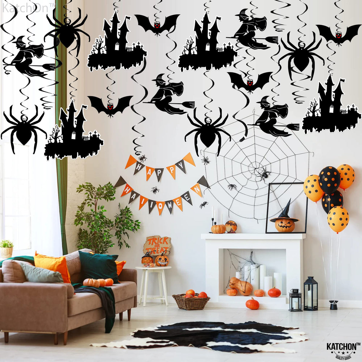 KatchOn, Scary Halloween Hanging Decorations - Large, Pack of 30 | Black Halloween Hanging Swirls for Halloween Ceiling Decorations | Halloween Swirl Decorations | Hanging Halloween Decorations Indoor