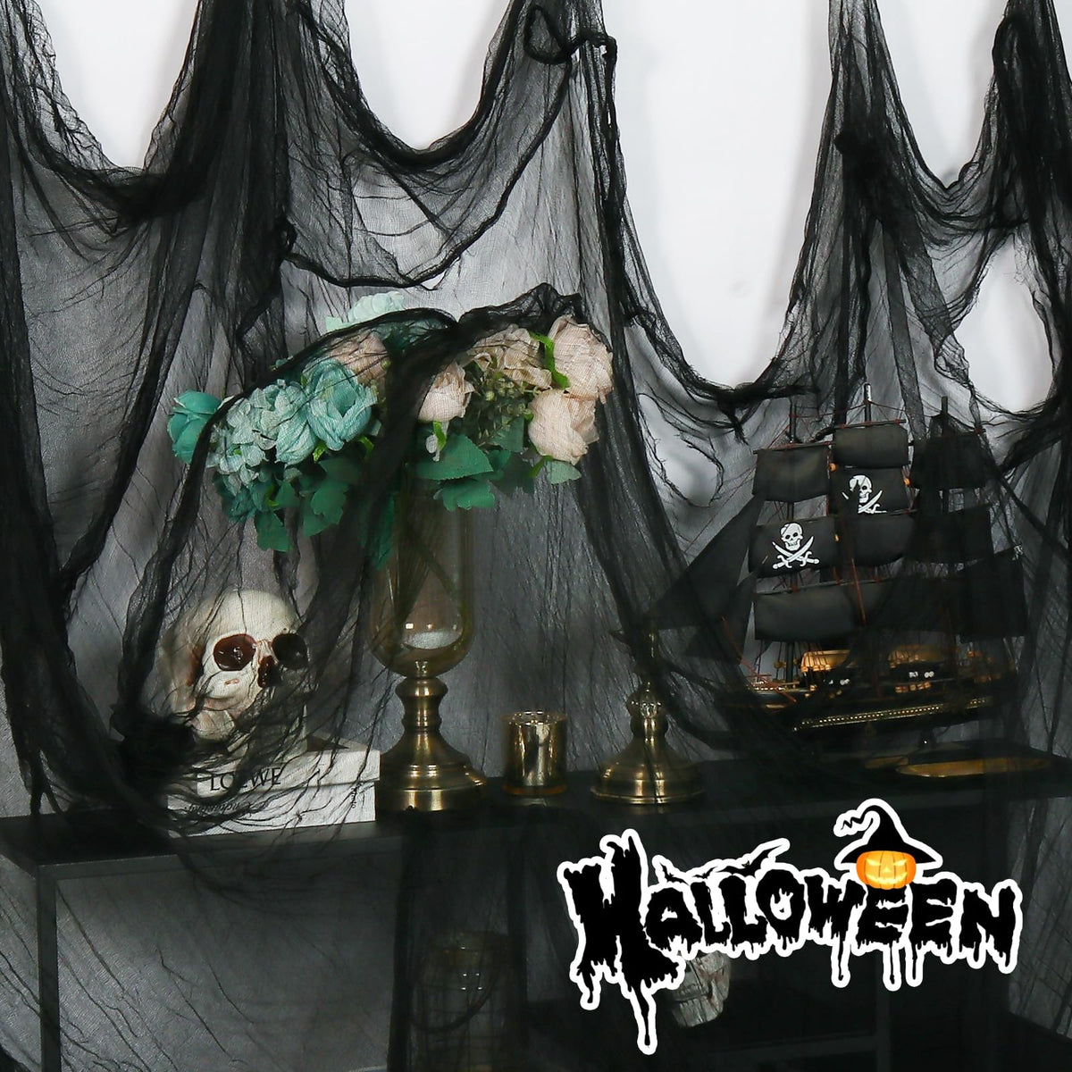 500" x 80"Halloween Creepy Cloth Black Large Spooky Fabric Cloth Halloween Decorations Outdoor for House, Window Backdrops, Garden Party Supplies, Yard, Tree, Wall Art