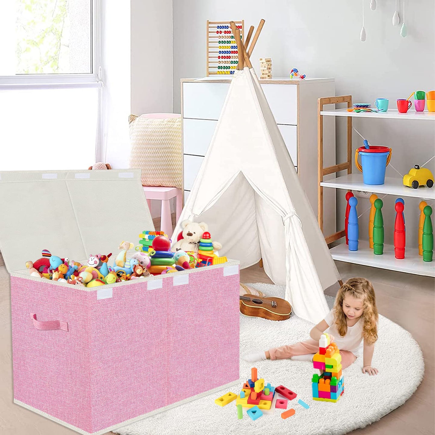 VERONLY Large Collapsible Toy Storage Box with Lid & Handles - Kids Organizer Chest for Toys, Clothes, Blankets (Pink, Nursery, Playroom, Bedroom)-24.5''×13''×16''