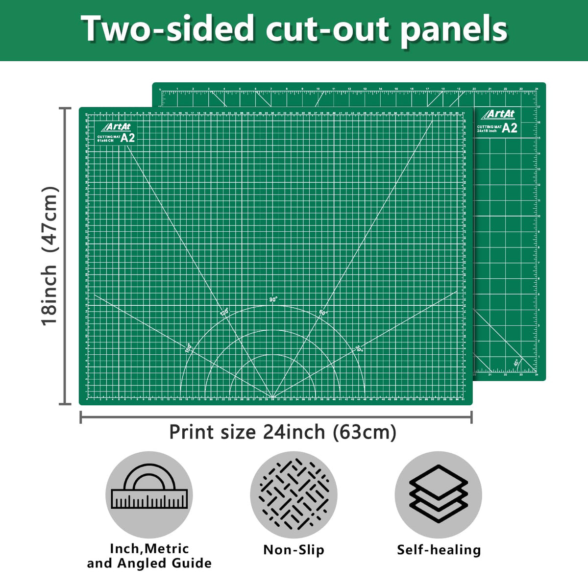 ArtAt Self Healing Cutting Mat: 18″x 24″ Green Double Sided, Non-Slip 5 Layers PVC Durable A2 Sewing Craft Mat for Rotary Cutter, Use for Quilting, Scrapbooking and Craft & Art Projects…