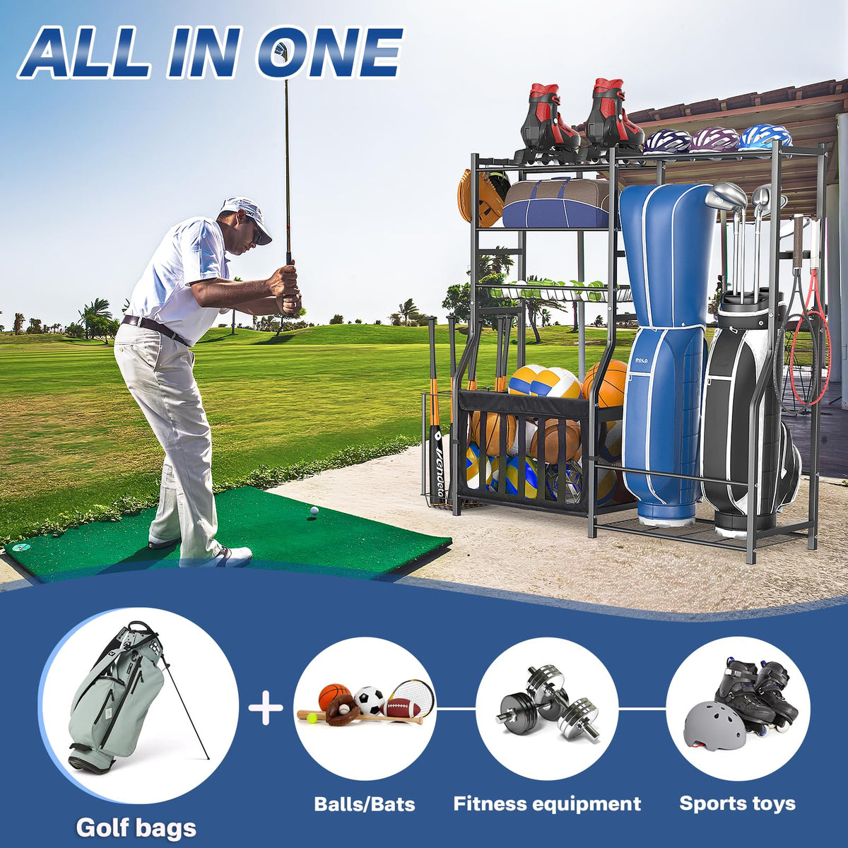 organizelink Heavy Duty Garage Sports Equipment Organizer, All-in-One Golf Bag Storage Rack & Multi-Sport Ball Holder for Basketballs, Bats & Kids Toys, Indoor/Outdoor Free Standing Gear Bin