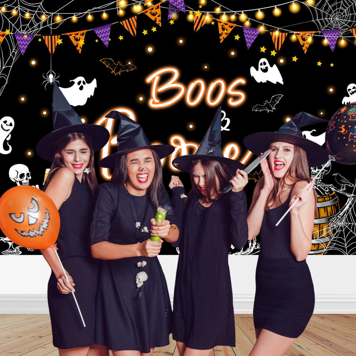 Mocsicka Halloween Boos and Booze Backdrop Skeleton Halloween Banner for Adult Cocktails Party Background for Photography Ghost Spooky Party Supplies (Black, 7x5ft(82"x60"))