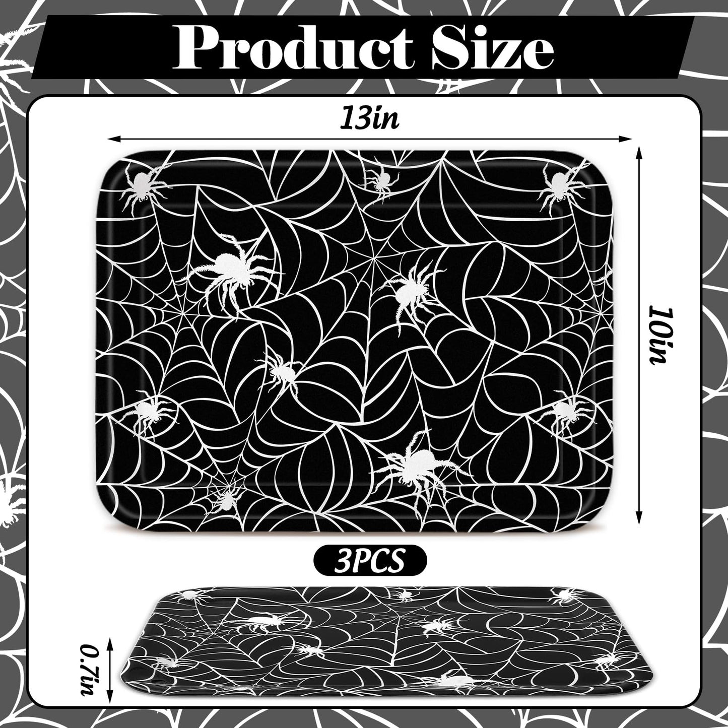 Whaline 3 Pcs Halloween Serving Trays Black White Spider Webs Reusable Melamine Trays Platters for Movie Night Birthday Holiday Party Food Supplies, 10 x 13 Inch
