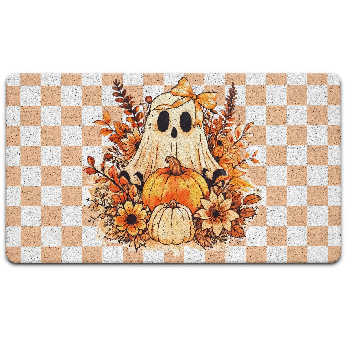 JINYO Halloween Ghost Door Mat, Fall Floral Ghost Pumpkin Doormat Indoor Outdoor Entrance Entryway Porch, 70s Retro Orange Checkered Halloween Welcome Mats, 17x30 Inch