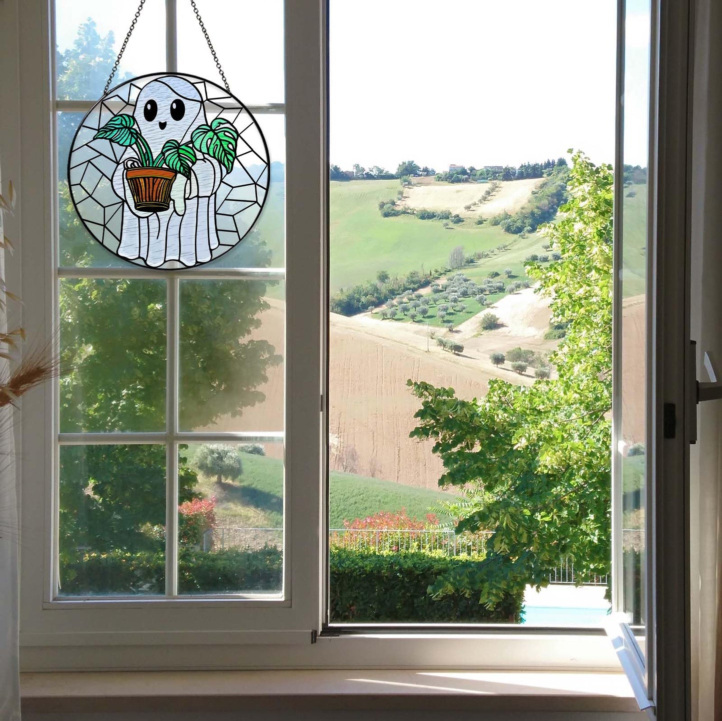 RVEAFA Cute Ghost Plant Stained Glass Sun Catcher Window Hanging Plant Lovers Gifts for Women Wall Decor Handmade SunCatcher Decoration for Garden Home Decor, 7.87inch