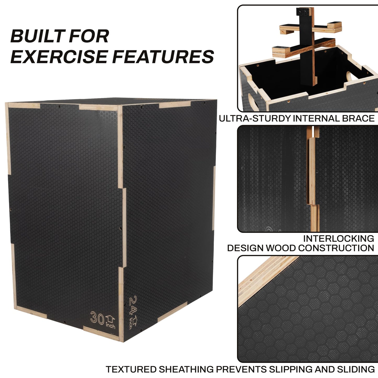 Signature Fitness 3 in 1 Non-Slip Wooden Plyo Box Plyometric Box Jumping Exercise, 20x24x30 Inches, Gray
