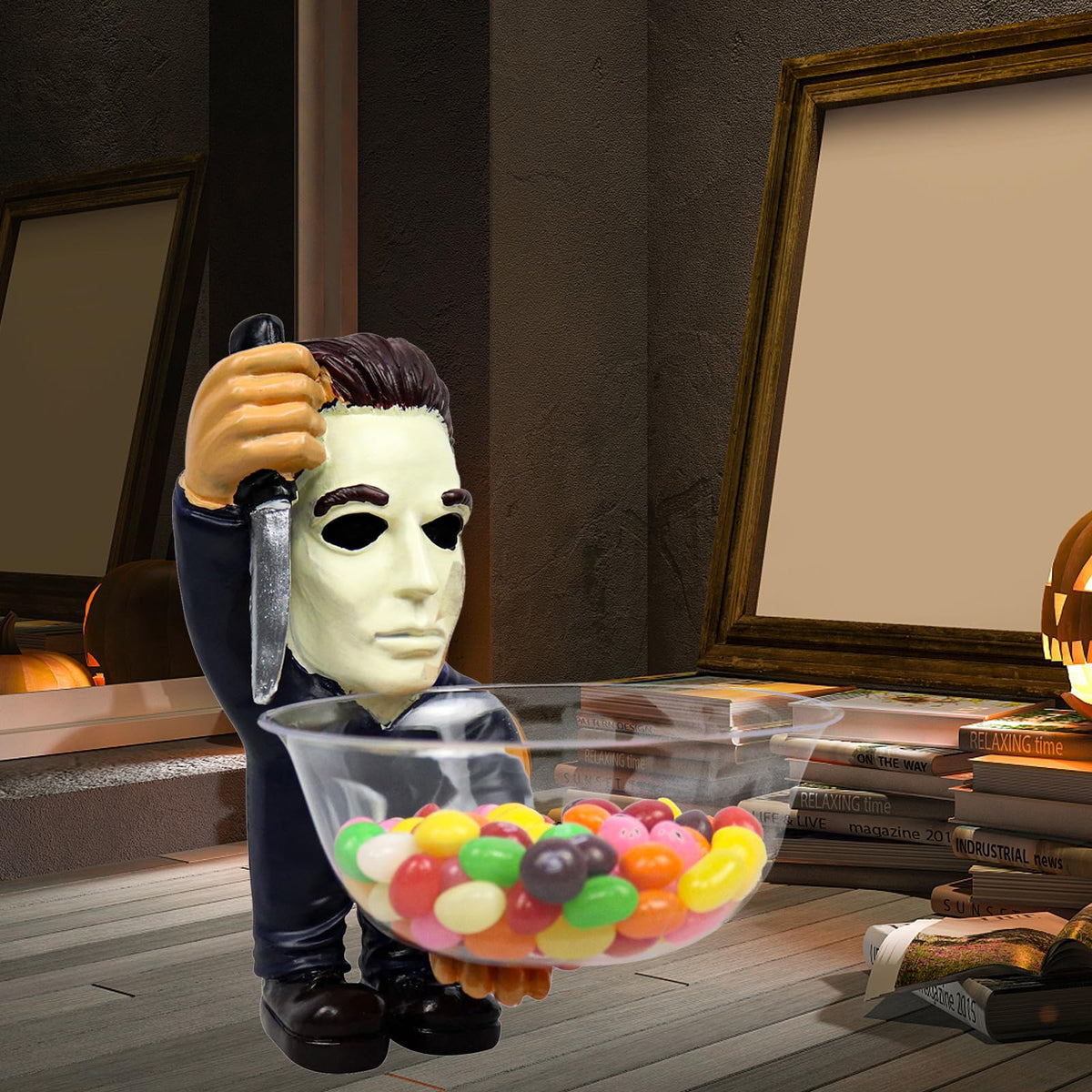 GOBWCOT Halloween Candy Bowl Holder Horror Movie Gnomas Candy Dish Scary Killer Figurines Statue Kitchen Ornaments Jar (Statue A)