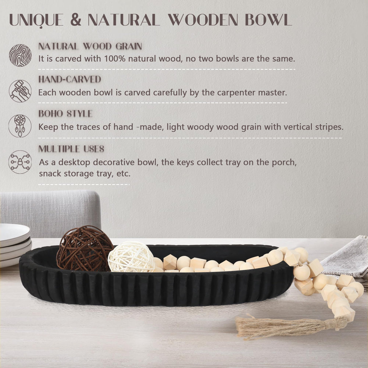 Oakrain Wooden Decorative Bowl for Home Decor, 16" Rustic Dough Bowl with Hand Carved Vertical Stripes, Long Wood Tray for Table Centerpieces, Matte Black