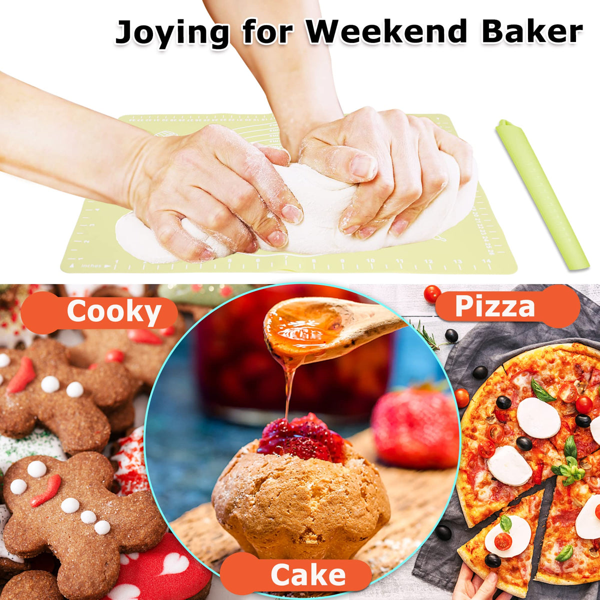 Rolling Pin Silicone Baking Pastry Mat Set,Pizza Dough Roller Baking Mat for Rolling Dough Non Slip Extra Large with Measure,Kitchen Counter Mat for Pie,Crust,Cookies,Bread,Pastries,Pasta, 15.7" x 24"
