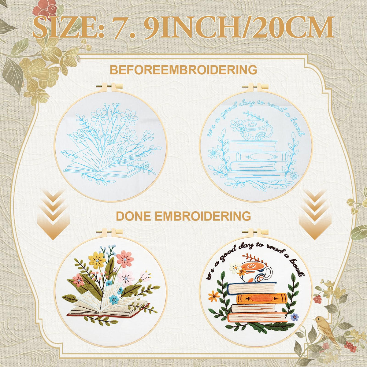ElasignShopo 4 Set Book Embroidery Kit for Beginners Adults Book Lovers Embroidery Starter Kit Books Flowers Pattern Hand Crewel Cross Stitch Kits Includes Instruction 2 Hoops Color Threads Needles
