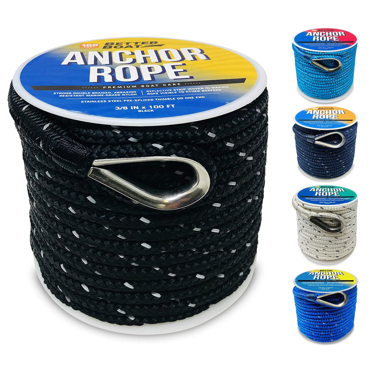Better Boat Premium Anchor Rope, 100 Ft Double Braided White Nylon Marine Line, Reflective 3/8 Inch Reel for Anchors and Boats - Black