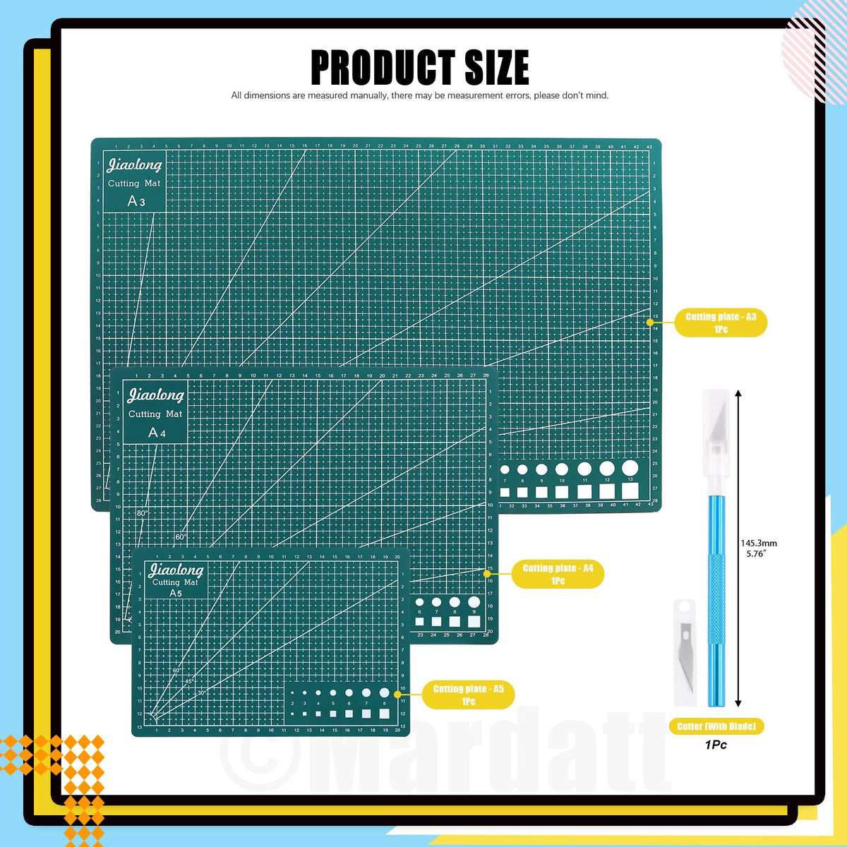 Mardatt 3Pcs A3 A4 A5 PVC Self Healing Cutting Mat with Precision Carving Knife, 5-Ply Double Sided Non-Slip Cutting Board Mat with Grid for Crafts Sewing Quilting Fabric（Green）