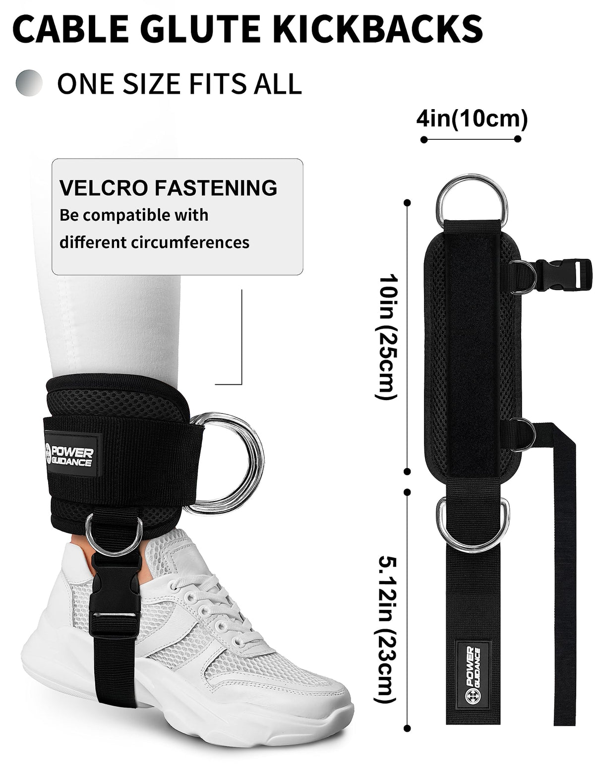 POWER GUIDANCE Ankle Strap for Cable Machine Professional Kickback Ankle Strap for Glute Workouts, Leg Extensions - Adjustable Strap with D-rings