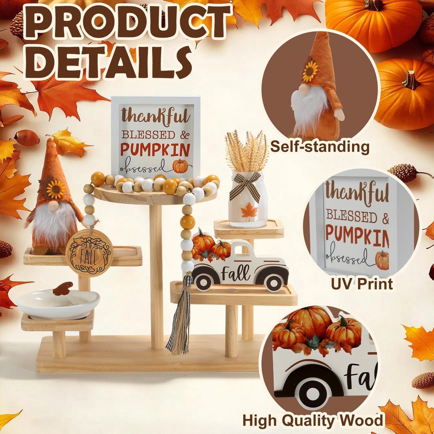 Thanksgiving Decorations for Home 6PCS Tiered Tray Decor Set, Tabletop Fall Decor for Tray Shelf Mantel Fire Place Office Desk Thanksgiving Autumn Table Centerpieces Pumpkin Farmhouse Wood Signs